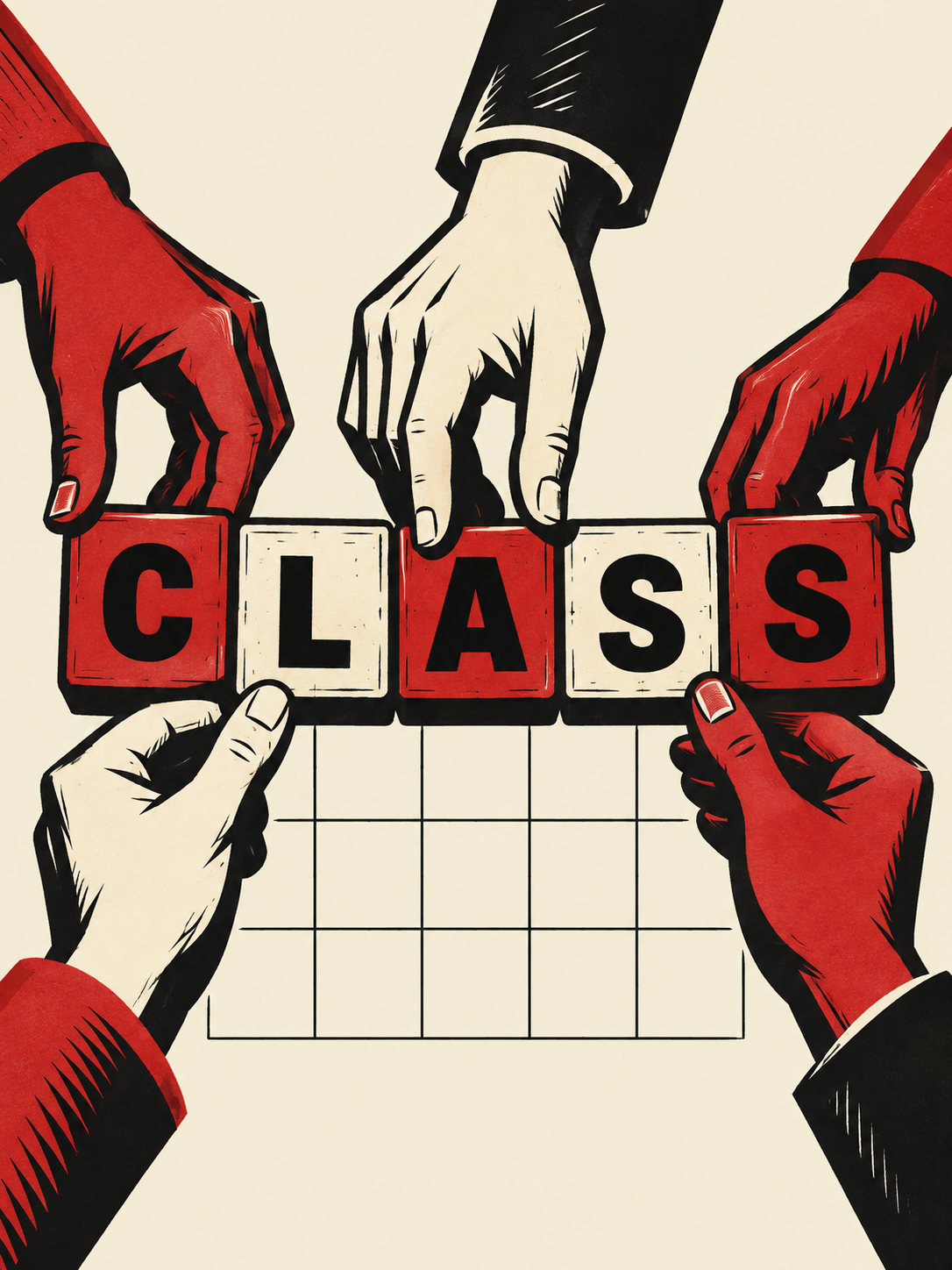 Hands bringing five letter tiles together above a puzzle grid.