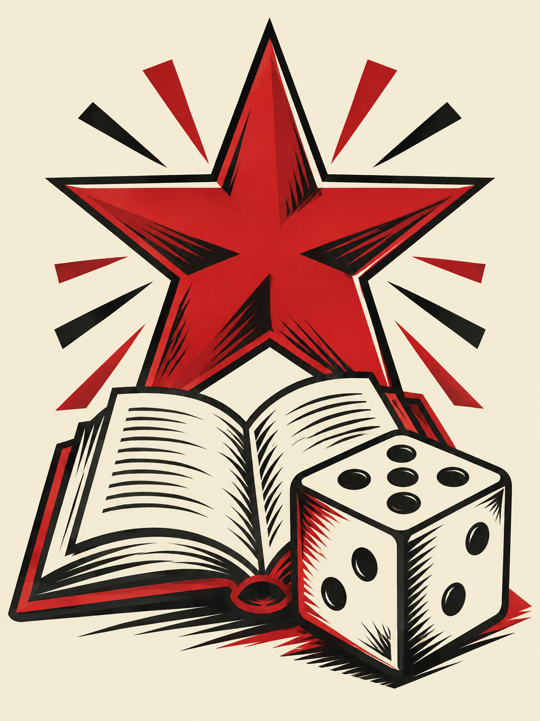 A five-point red star above an open book and a die.