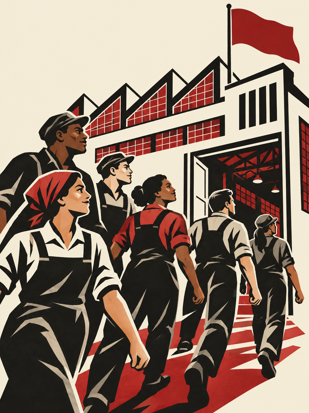 Workers moving together towards a factory flying a red flag.