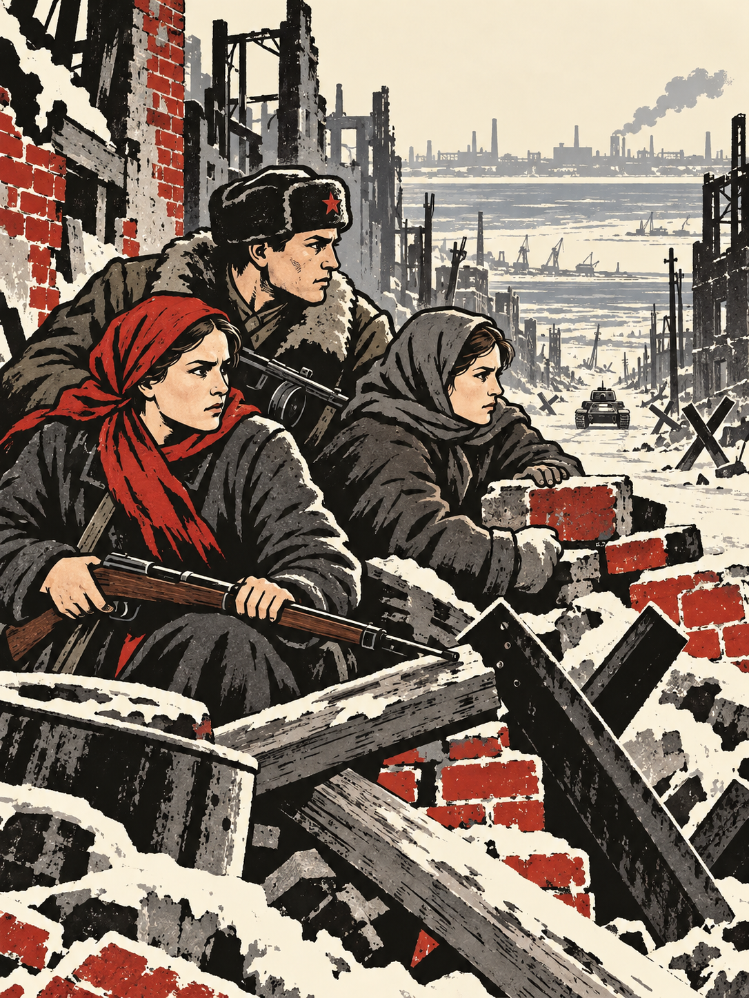 Soviet defenders behind a barricade among Stalingrad's ruined buildings.