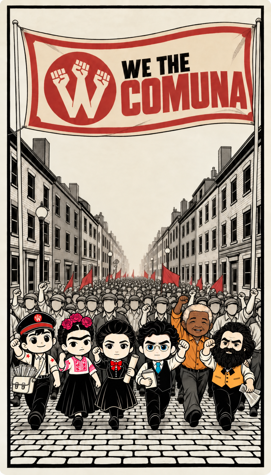 Milo, Frida Kahlo, Rosa Luxemburg, Antonio Gramsci, Nelson Mandela and Karl Marx march at the front of a crowd