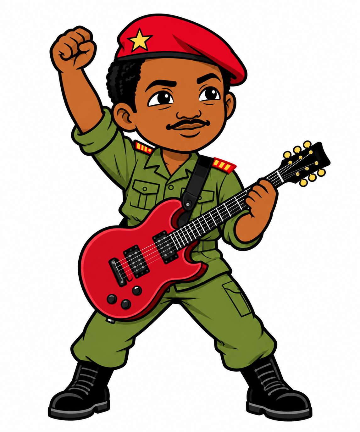 El Capitán playing an electric guitar riff with one fist raised