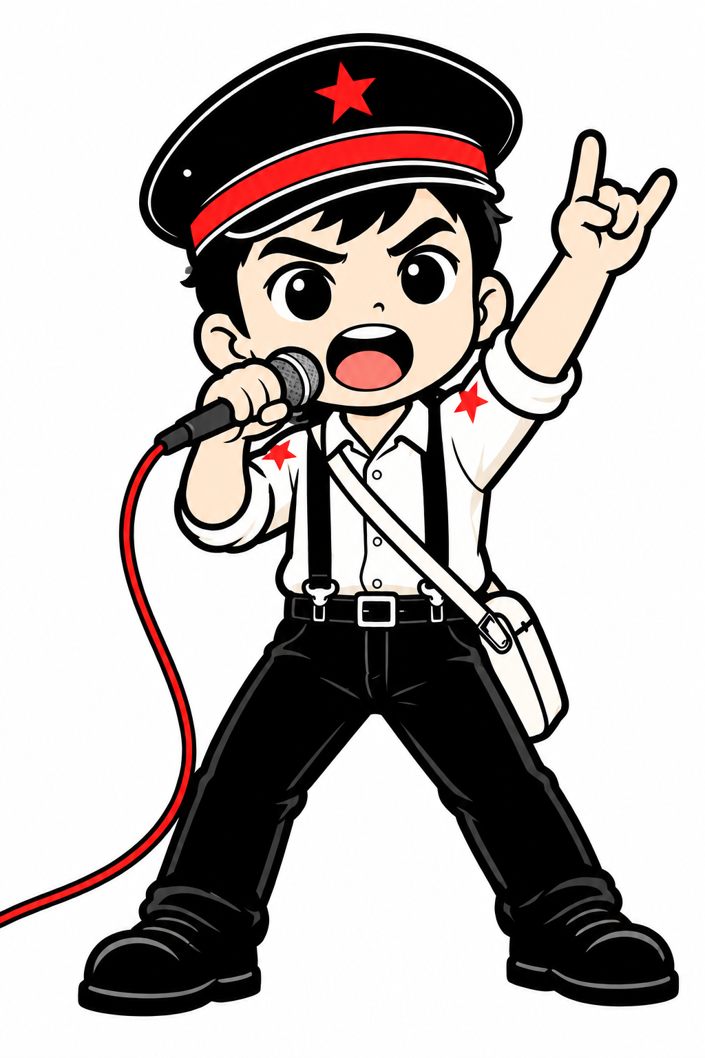 Milo shouting into the microphone with his hand raised in metal horns