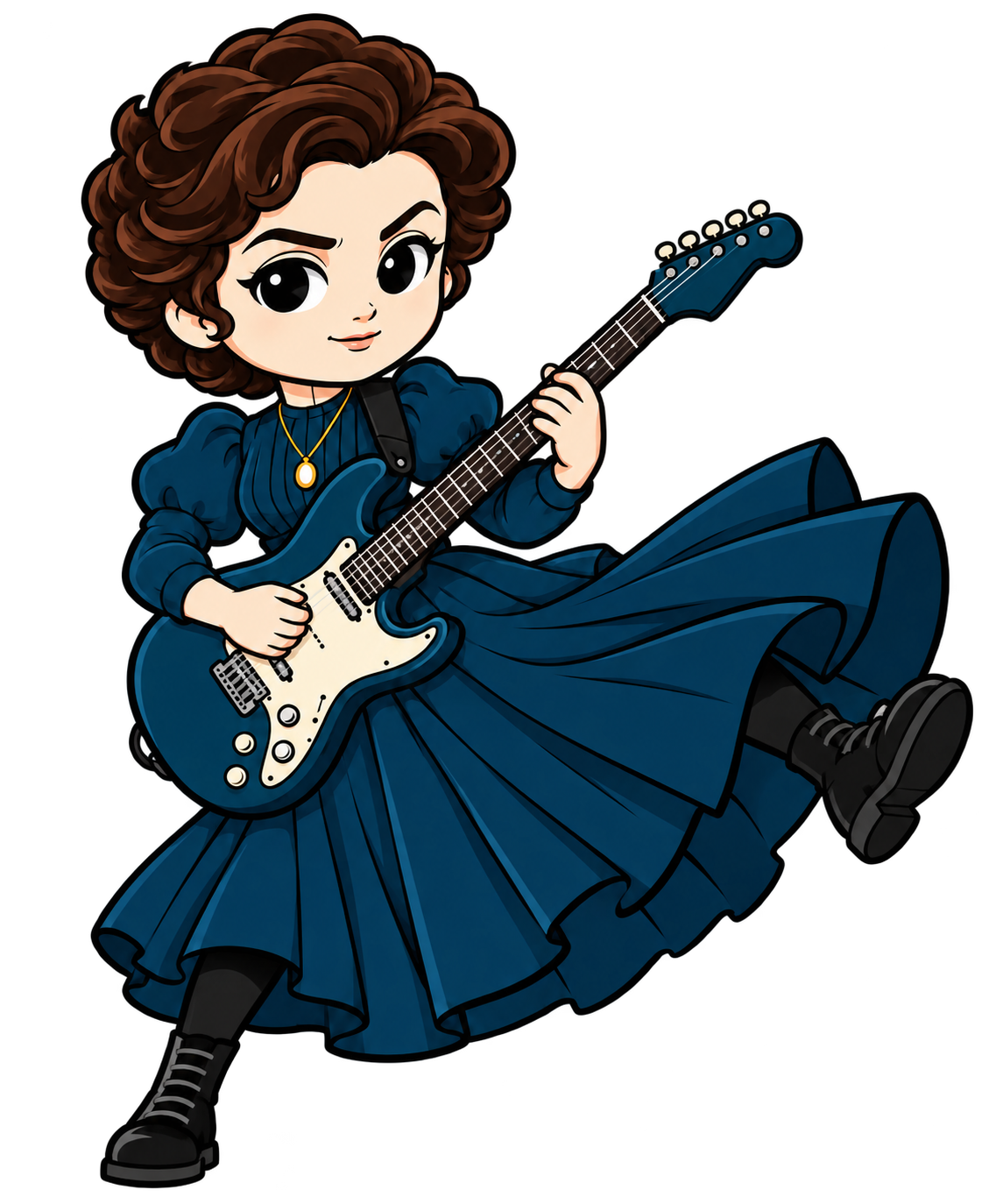 Shura kicking her skirt into motion as she plays an electric guitar solo
